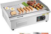 Commercial Electric Griddle, 535 x 300 mm, 3200W, 50-300C Adjustable Temp Control, Stainless Steel Body, Half Grooved Half Flat, with 2 Spatulas, 2 Brushes, and 4 Foot Pads, for Steak, Pancake