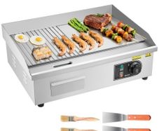 Commercial Electric Griddle, 535 x 300 mm, 3200W, 50-300C Adjustable Temp Control, Stainless Steel Body, Half Grooved Half Flat, with 2 Spatulas, 2 Brushes, and 4 Foot Pads, for Steak, Pancake