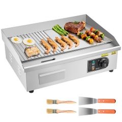 Commercial Electric Griddle, 535 x 300 mm, 3200W, 50-300C Adjustable Temp Control, Stainless Steel Body, Half Grooved Half Flat, with 2 Spatulas, 2 Brushes, and 4 Foot Pads, for Steak, Pancake
