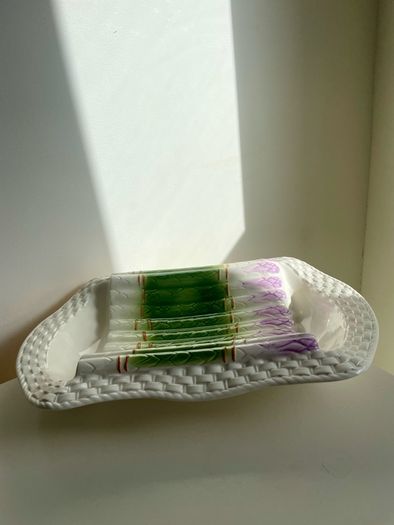 Vintage French Majolica Asparagus Dish Barbotine Serving Platter Green White