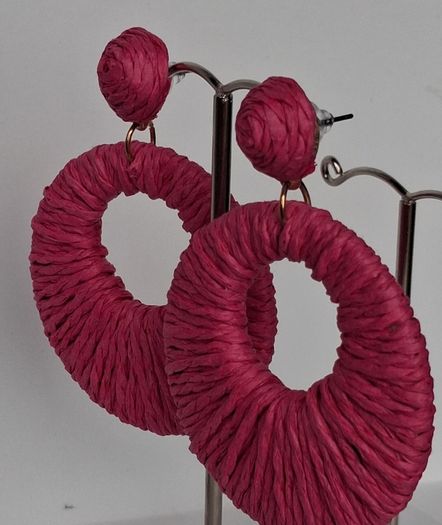 Hot Pink Raffia Woven Stud Hollow Out Woven Hoop Earrings
