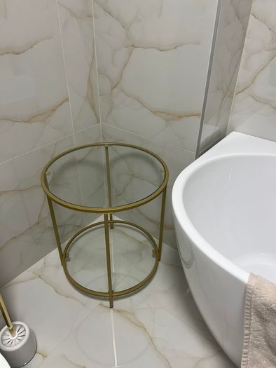 Round side table with glass surface  side table round, glass table with golden metal frame, small coffee table, bedside table, coffee table, balcony, sturdy tempered glass, stable, decorative, gold
