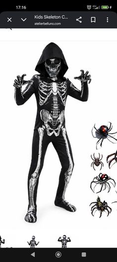 Skeleton Halloween costume with hood kids  8-9