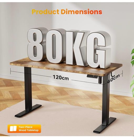 Electric Standing Desk, 120 x 60 cm, Rustic Brown Height Adjustable Desk, 2 Hooks, 4 Memory Heights, 72-118cm, Splice Board, Ergonomic Sit Stand Computer Desk for Home Office