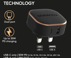 Duracell Black 30W Dual Fast USB-C + USB-A PPS Compact Wall Charger Plug - Compatible With Smartphones, Tablets, Powerbanks