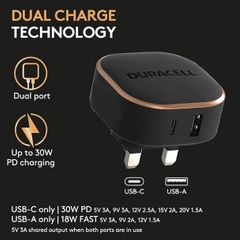 Duracell Black 30W Dual Fast USB-C + USB-A PPS Compact Wall Charger Plug - Compatible With Smartphones, Tablets, Powerbanks