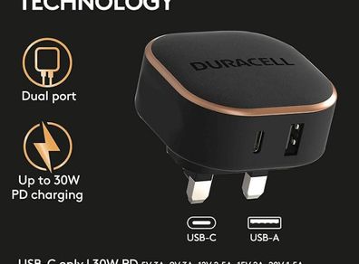 Duracell Black 30W Dual Fast USB-C + USB-A PPS Compact Wall Charger Plug - Compatible With Smartphones, Tablets, Powerbanks