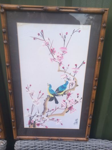 Bamboo style frames on hand painted birds on silk, stunning, collectible, signed. D18