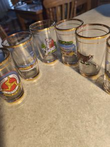 Souvenir Antique Set of 6  Engraved Isle Of Man Shot Glass