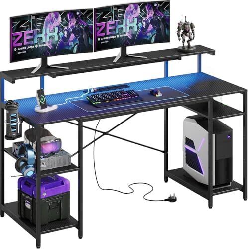 140 CM Computer Desk with Power Outlets & LED Lights with Monitor Shelf Gaming Desk with Shelves Writing Desk with Storage Office Desk &Workstation for Home Office Bedroom