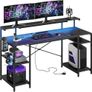 140 CM Computer Desk with Power Outlets & LED Lights with Monitor Shelf Gaming Desk with Shelves Writing Desk with Storage Office Desk &Workstation for Home Office Bedroom Image 8
