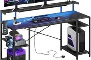 140 CM Computer Desk with Power Outlets &amp; LED Lights with Monitor Shelf Gaming Desk with Shelves Writing Desk with Storage Office Desk &amp;Workstation for Home Office Bedroom