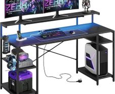 140 CM Computer Desk with Power Outlets & LED Lights with Monitor Shelf Gaming Desk with Shelves Writing Desk with Storage Office Desk &Workstation for Home Office Bedroom