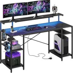 140 CM Computer Desk with Power Outlets & LED Lights with Monitor Shelf Gaming Desk with Shelves Writing Desk with Storage Office Desk &Workstation for Home Office Bedroom