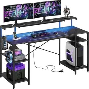 140 CM Computer Desk with Power Outlets & LED Lights with Monitor Shelf Gaming Desk with Shelves Writing Desk with Storage Office Desk &Workstation for Home Office Bedroom