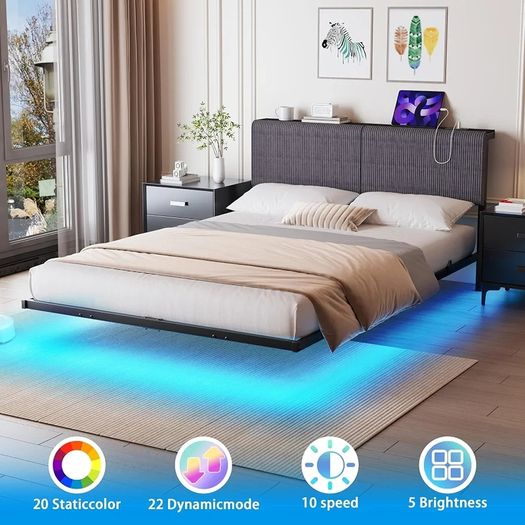 5ft King Bed Frame With USB Charging Station,Dark Grey Floating Bed Frame with Storage Headboard and LED Light,Upholstered Platform Bed Frame Double Size,Noise-Free Strong Slats