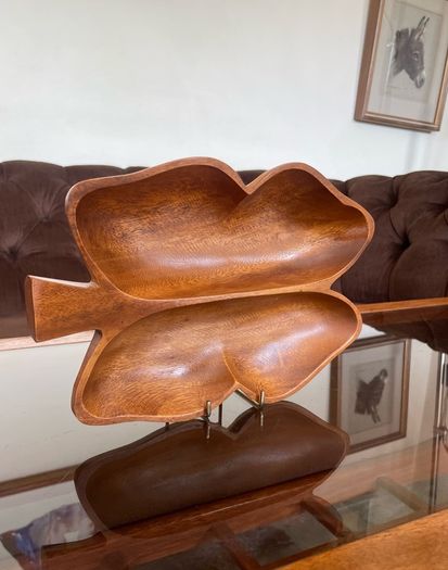Vintage Teak Wood Serving Butterfly Leaf Shaped Bowl Two Section Tray