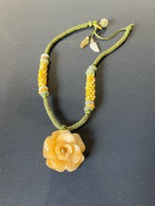 Vintage Carved Yellow Jade Flower Pendant Necklace