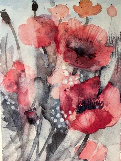 Framed watercolour painting of poppies