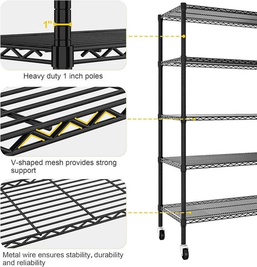 Heavy Duty Garage Shelving Unit - 182.9x91.3x45.7 cm - Adjustable Wire Shelving Unit Storage Shelves with Wheels, 5 Tier, Black