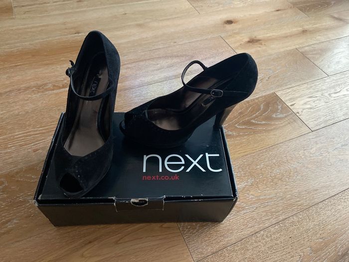 Next Black Suede Peep toe Strappy Heels UK6