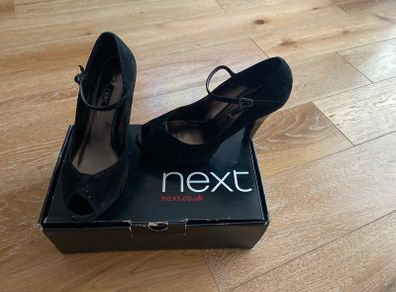 Next Black Suede Peep toe Strappy Heels UK6