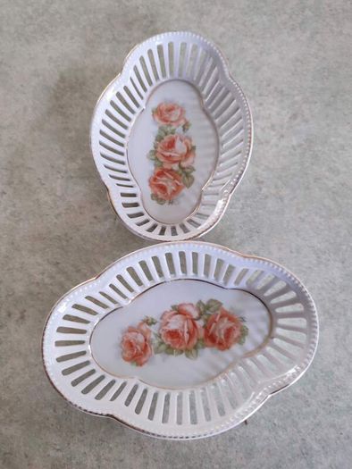 SET OF 2 Bavaria Schumann reticulated tray or dish hand painted floral pattern perfect dresser dish