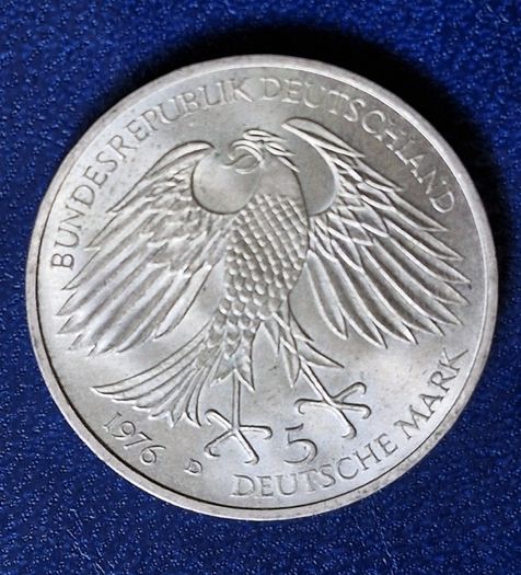 1976 Germany Silver 5 Mark 300th Anniversary - Death of Hans Jakob Christoffel von Grimmelshausen