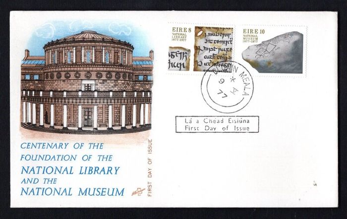 1977 Ireland Centenary of the Founding of the National Library and of The National Museum Commemorative Stamps Illustrated Hibernian First Day Cover (FDC) with Cluain Meala (Clonmel) Steele Cancel