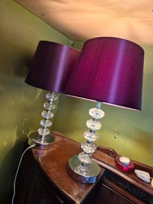 Pair Table Lamps - Crystal & Chrome with Plum Shades