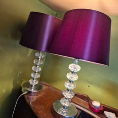 Pair Table Lamps - Crystal & Chrome with Plum Shades