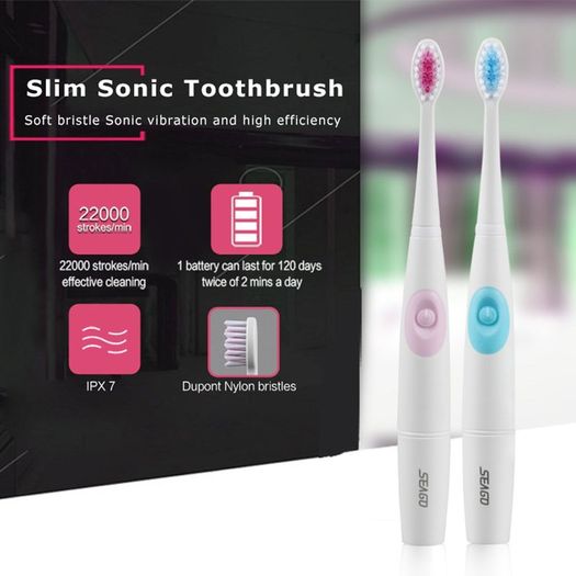 New Slim Travel Battery Electric Toothbrush Waterpoof Portable Battery Operated Sonic Toothbrush 3 Brush Heads SG915(Pink)
