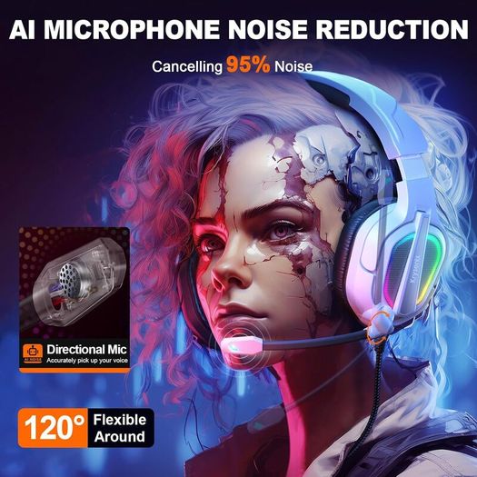 PG2 Gaming Headset for PS4, PS5, PC, Xbox One, Switch,Wired Gaming Headphones with Noise Cancelling Microphone, Ergonomic Design Over Ear Computer Headset with 3.5mm Jack & LED-Bright White