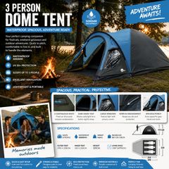 3 Person Dome Camping Tent Waterproof 5000mm with Porch Darkened Sleeping Cabin