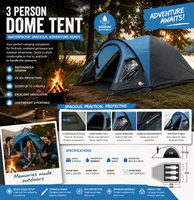 3 Person Dome Camping Tent Waterproof 5000mm with Porch Darkened Sleeping Cabin