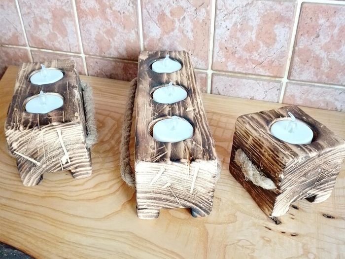Tealight Holders Handmade From Reclaimed Wood, Shou Sugi Ban Set (+ 6 LED Lights)6