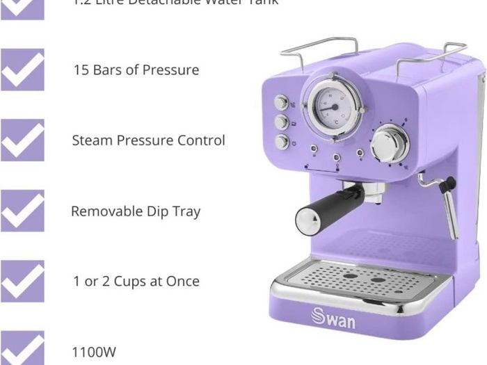 Retro Pump Espresso Coffee Machine, Purple, 15 Bars of Pressure, Milk Frother, 1.2L Tank MTIPLE COLOURS AVAILABLE, SEE PHOTOS (FREE POSTAGE)