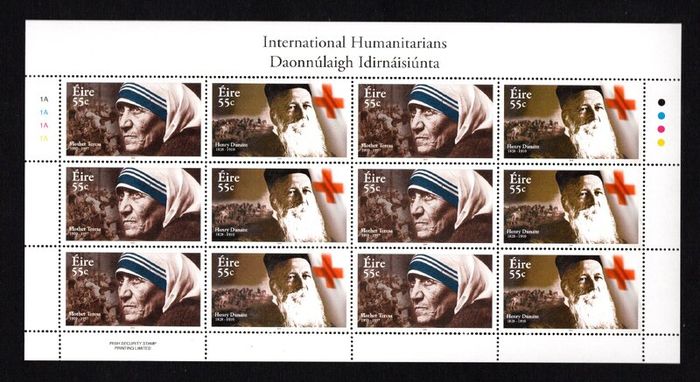 2010 Ireland International Humanitarians Mother Teresa & Henry Dunant Commemorative Stamps Sheetlet Plate 1A1A1A1A Mint Never Hinged (MNH)