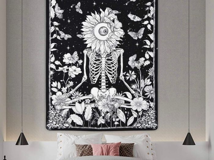 Skull Flower Tapestry Meditation Skeleton Tapestries Floral Vine Starry Night Sky Butterflies Tarot Wall Hanging for Room Decor (MULTIPLE SIZES)