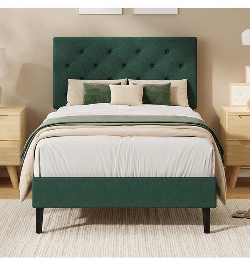 Single Bed Frame with Headboard, 90 X 190, Green Upholstered Bed Frame, Adjustable, Heavy Duty, Easy Assembly, No Box Spring Needed