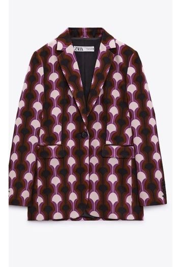 Amazing Zara Insta Famous Bloggers Limited Edition Pink Geo Print 3 Piece Suit, Blazer XL, Blouse XXL and Flare Trousers XL New with Tags