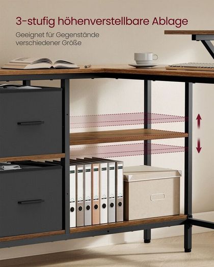 L-shaped desk with monitor stand and shelf