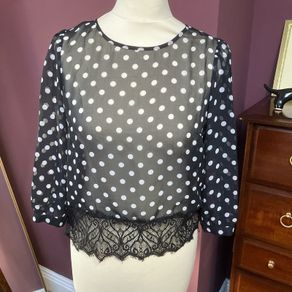 River Island UK10 Chiffon Lace Polka Dot Open Back Top Blouse