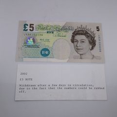 Bank of England : 2002  " Withdrawn "  Five Pound Sterling Banknote