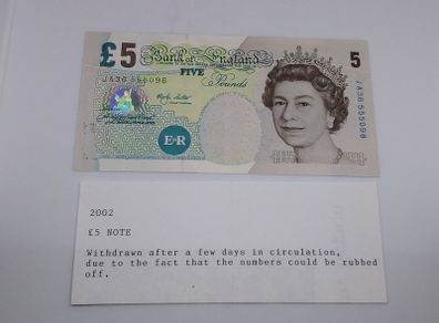 Bank of England : 2002  " Withdrawn "  Five Pound Sterling Banknote