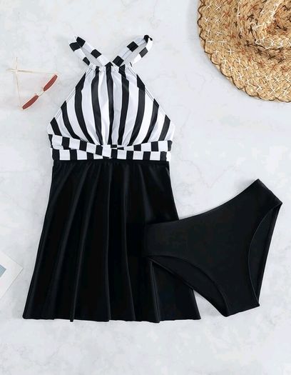 Striped Crisscross Tie Backless Bikini Swimsuit/Beach Dress