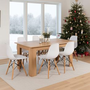 Nordic Oak Table & 6 White Chairs