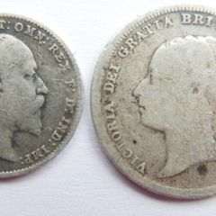 Vintage 3 Pence 1902 and Six Pence 1886 Silver Coins 4,1g