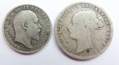 Vintage 3 Pence 1902 and Six Pence 1886 Silver Coins 4,1g