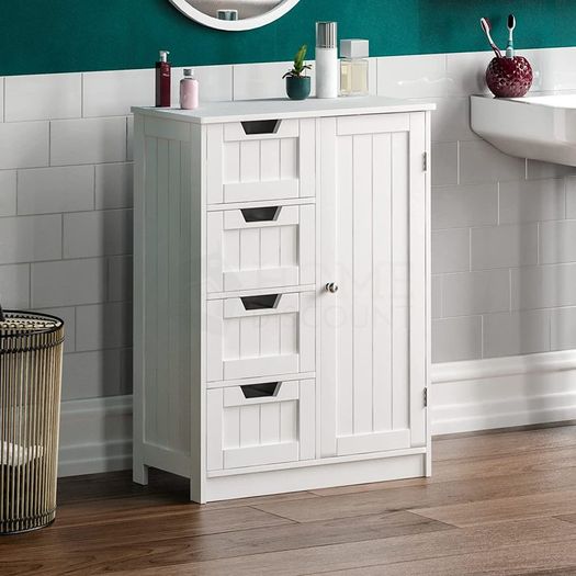 Bathroom Cupboard 4 Drawer 1 Door Floor Standing Cabinet Unit Storage Wood, White